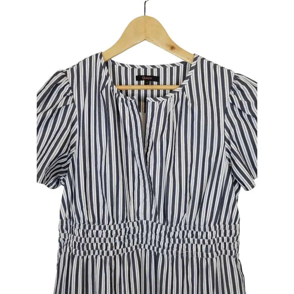 Quince Womens 100% Organic Cotton Poplin Tiered Maxi Dress Hudson Stripe Large - Picture 5 of 8